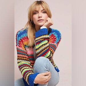 Anthropologie Moth Lulu Multicolor Crochet Cardigan Sweater Boho Rainbow‎